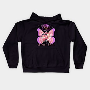 Butterfly Rose Breast Cancer Ribbon Awareness Kids Hoodie